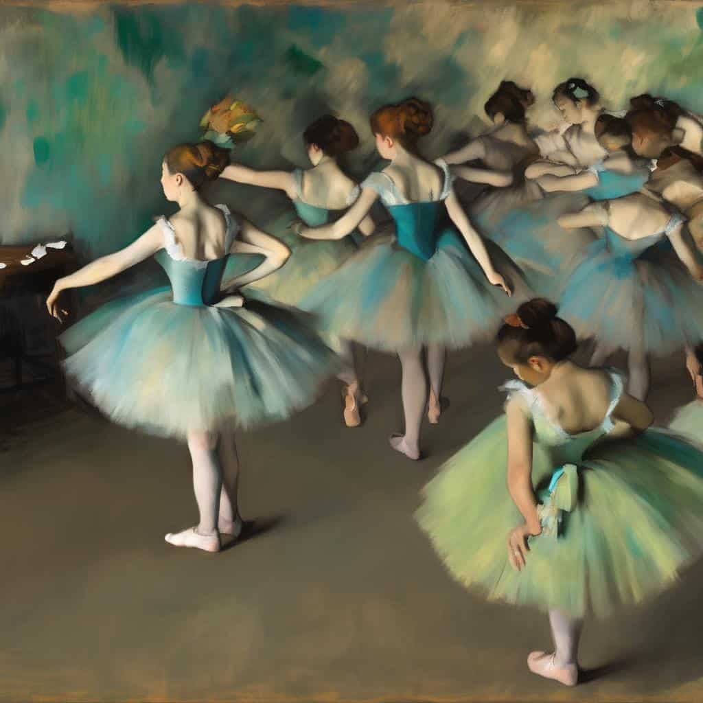 χορεύτριες μπαλέτου σε μαύρο τόνους με φωτεινά tutus σε γραφική γκαλερί τέχνης.