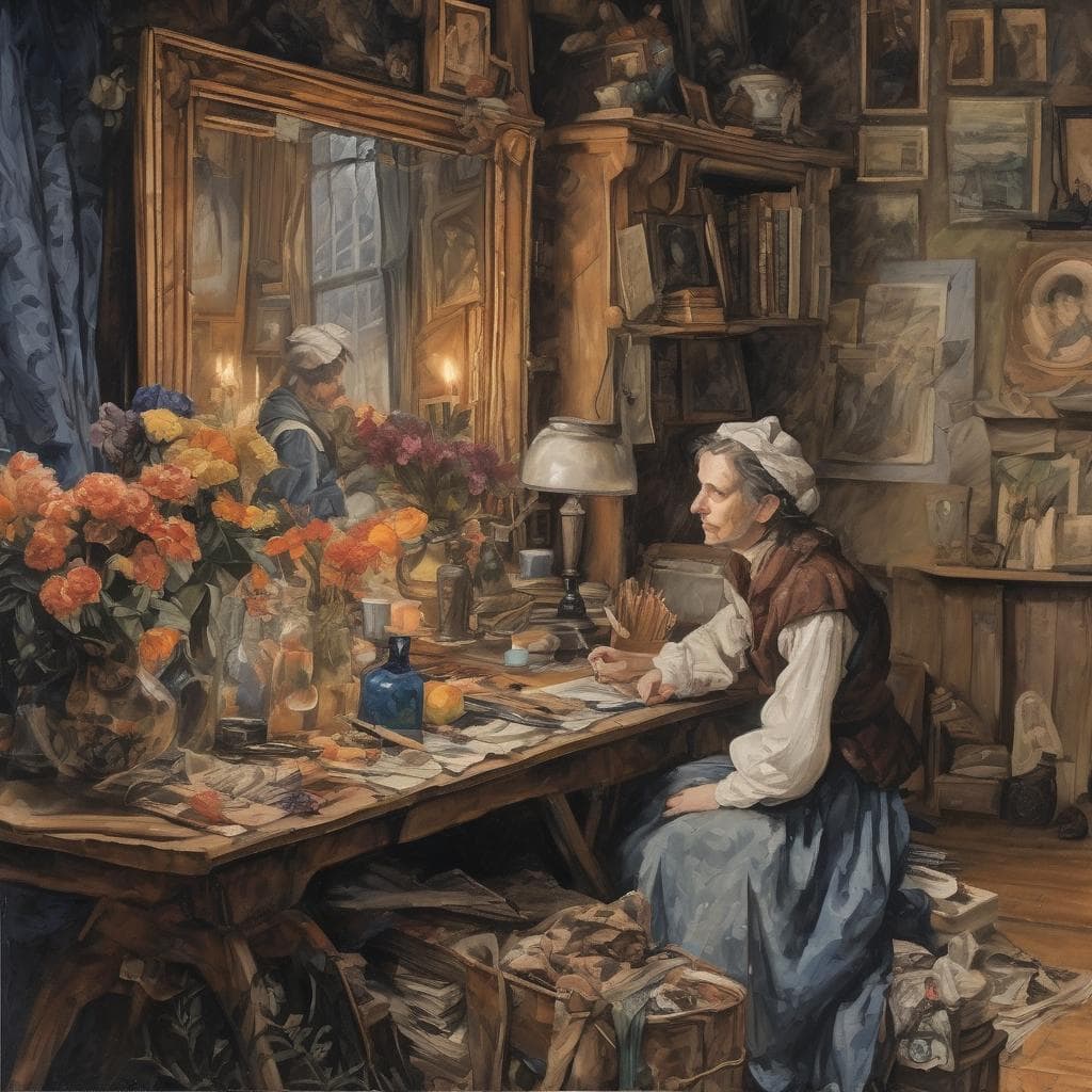 Αντίγραφο πίνακα ζωγραφικής με αγγειοπλάστρια σε εργαστήριο χειροτεχνίας, μέσα σε ατμοσφαιρικό δωμάτιο με παλιά βιβλία και έργα τέχνης.