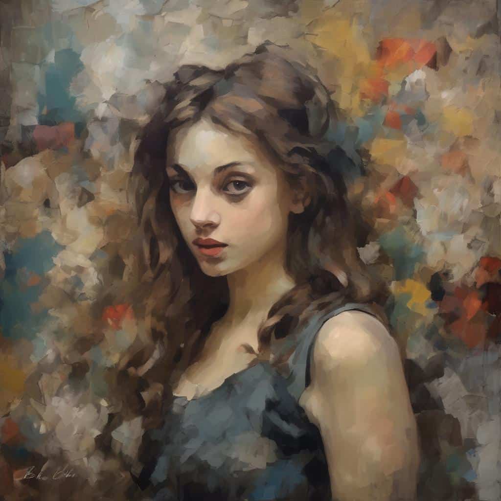 Ζωγραφική πορτρέτο γυναίκας με καστανά μαλλιά, καλλιτεχνική υφή, αναπαριστά το ανθρώπινο συναίσθημα και την αφήγηση χωρίς λόγια.