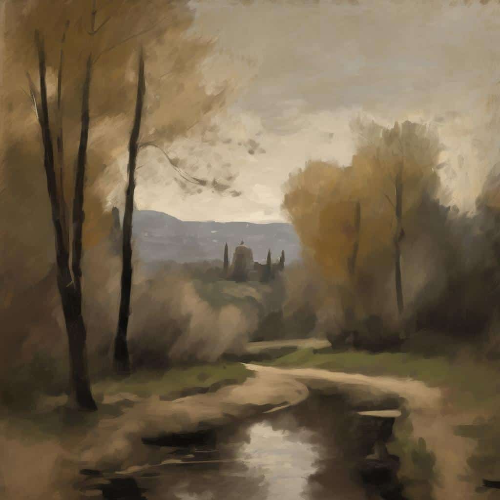 Ουθεντική εικόνα φυσικού τοπίου με ποτάμι και φθινοπωρινά δέντρα σε ήρεμη ατμόσφαιρα, ιδανική για αφήγηση χωρίς λόγια.