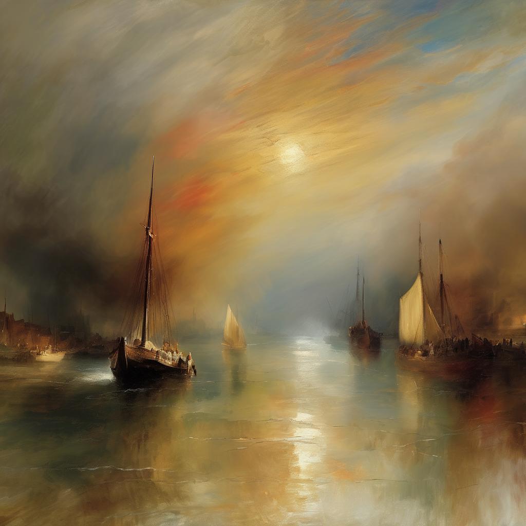 Διακοσμητικό πίνακα με καραβιά και ονειρικό ηλιοβασίλεμα, τέχνη ζωγραφικής, εναέρια άποψη θαλασσινή γαλήνη.